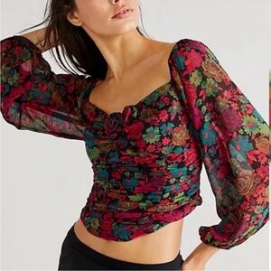NWT Free People Oh LaLa Floral Bodice Ruched Puff-Sleeve Crop Top Size L